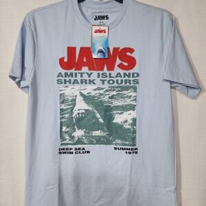 Jaws Amity Island Shark tours men blue shirt medium